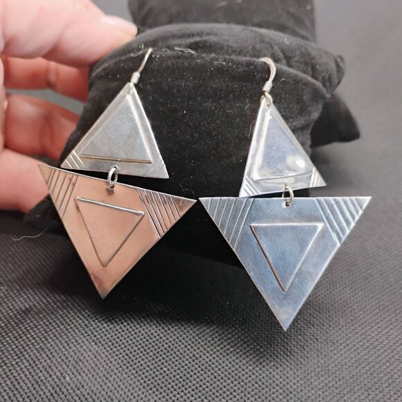 Modernist Geometric Sterling Silver Connected Dangle Triangle Earrings 3D 18.1g - Picture 3 of 7